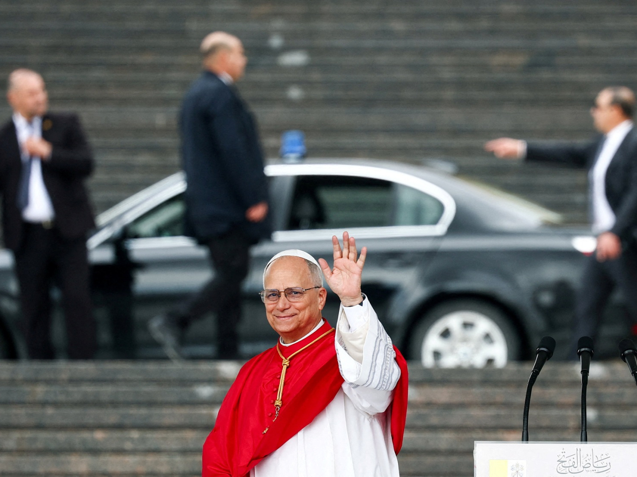 The pontiff waves following a speech at Maqam Echahid (Martyrs' Memorial) monument in Algiers. Photo: Reuters