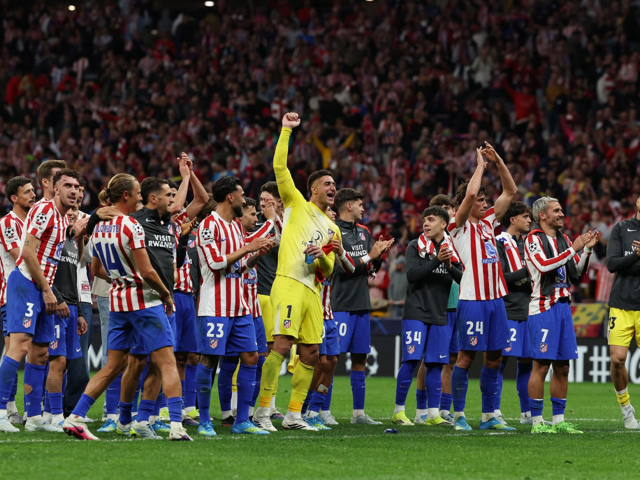 Atletico Madrid players celebrate after advancing to the final four with a 3-2 aggregate victory over Barcelona. Photo: Reuters