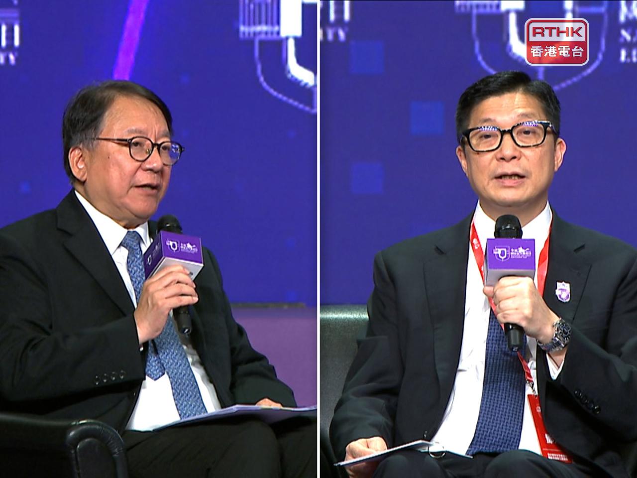 陳國基（左）指特區政府將從制度建設、能力建設、人心建設方面三管齊下，築牢維護國家安全基石。鄧炳強（右）表示香港要做好國家安全的守門人。