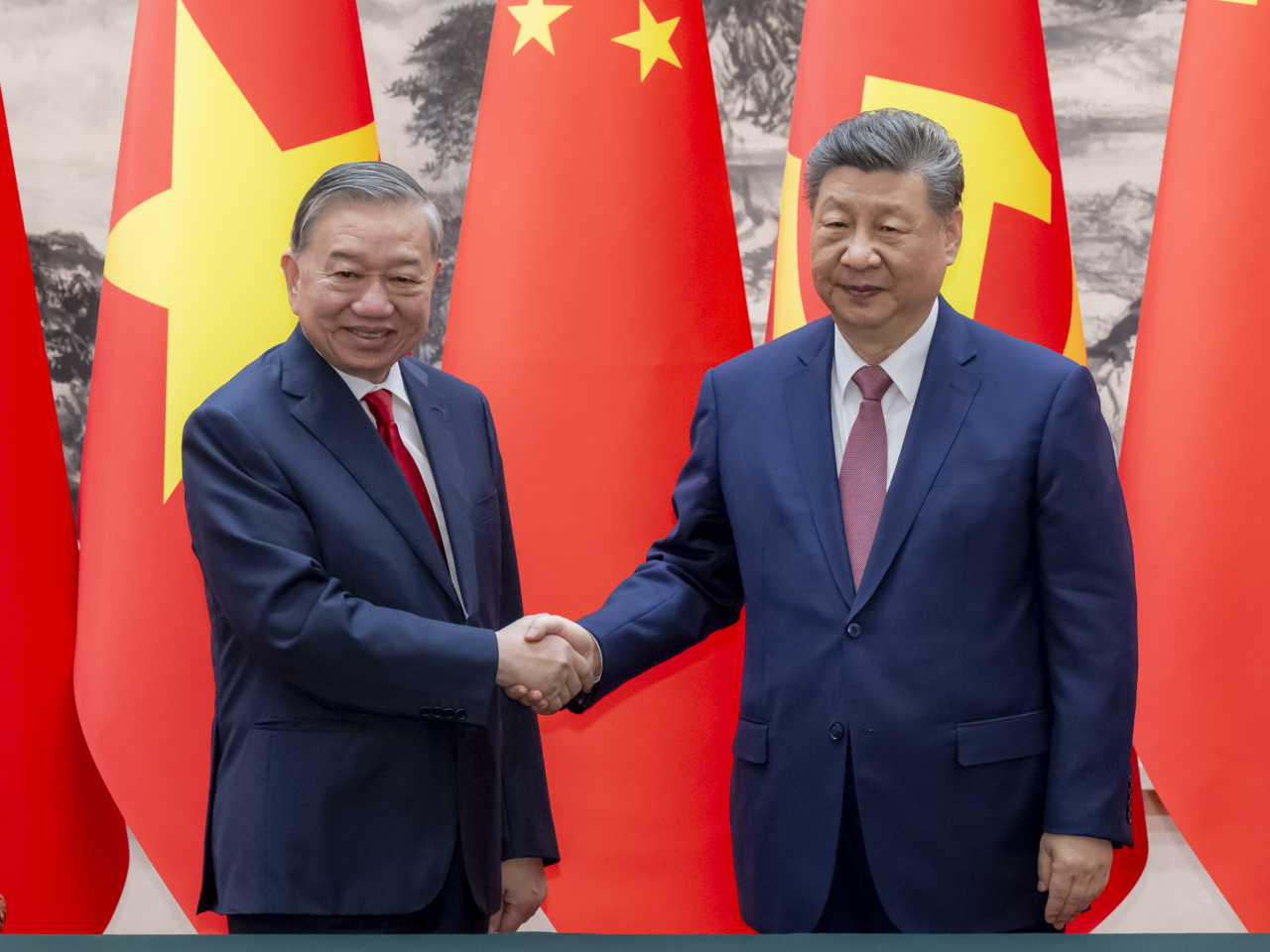 中共中央總書記、國家主席習近平，與來華國事訪問的越共中央總書記、國家主席蘇林會談。（新華社）