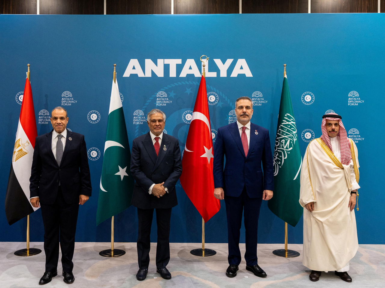 Attending the Antalya Diplomacy Forum in Turkiye are, from left, foreign ministers Badr Abdelatty of Egypt, Mohammad Ishaq Dar of Pakistan, Hakan Fidan and Prince Faisal bin Farhan of Saudia Arabia. Photo: Reuters
