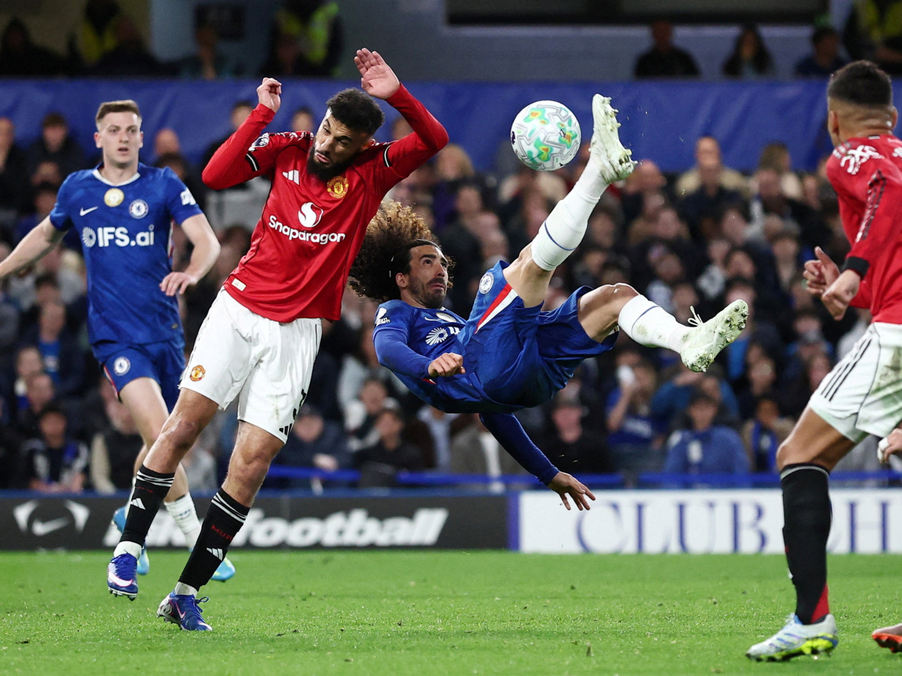 Manchester United's Noussair Mazraoui in action with Chelsea's Marc Cucurella. Photo: Reuters