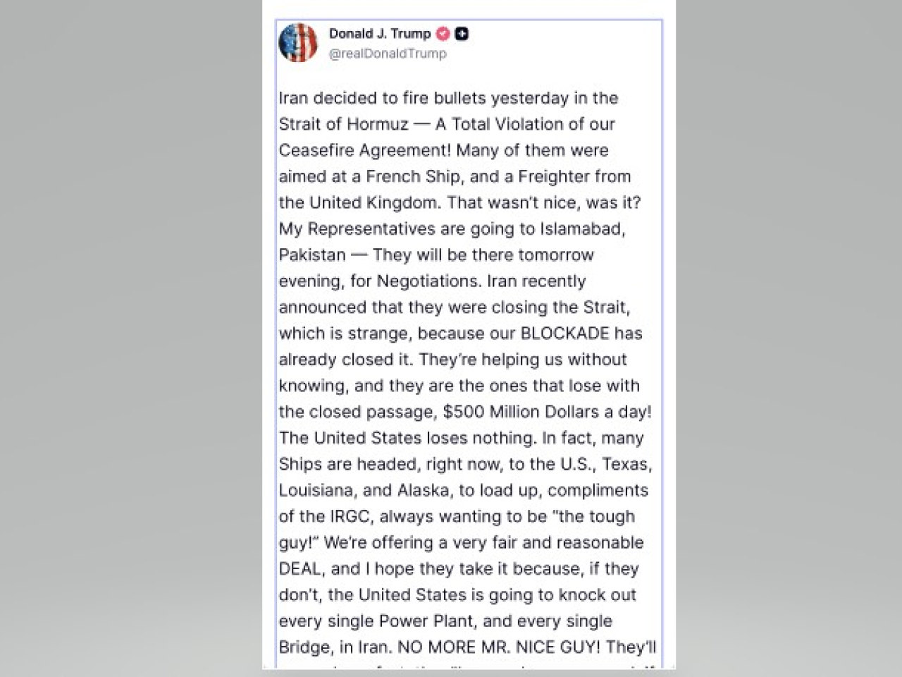 特朗普說，伊朗嚴重違反停火協議，但仍然認為能夠與伊朗達成和平協議。(網絡截圖)