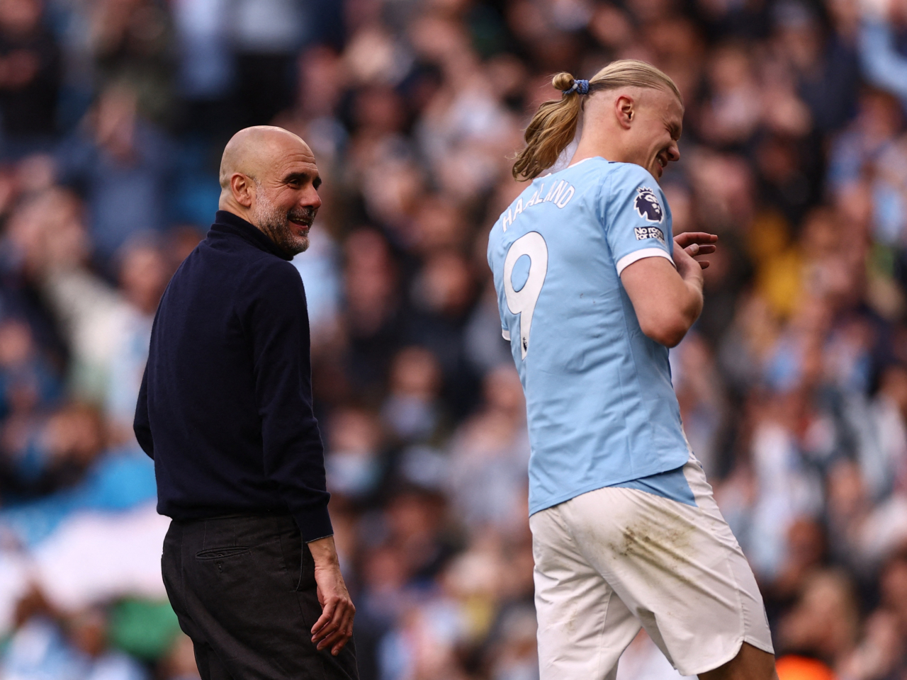 Jubilant Guardiola and matchwinner Haaland seen celebrating after the match. Photo: Reuters