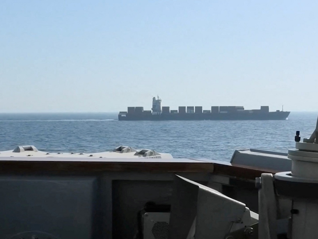 A view of Iranian-flagged cargo ship Touska as the USS Spruance conducts its interception in a location given as the north Arabian Sea. Screen capture: Centcom via Reuters