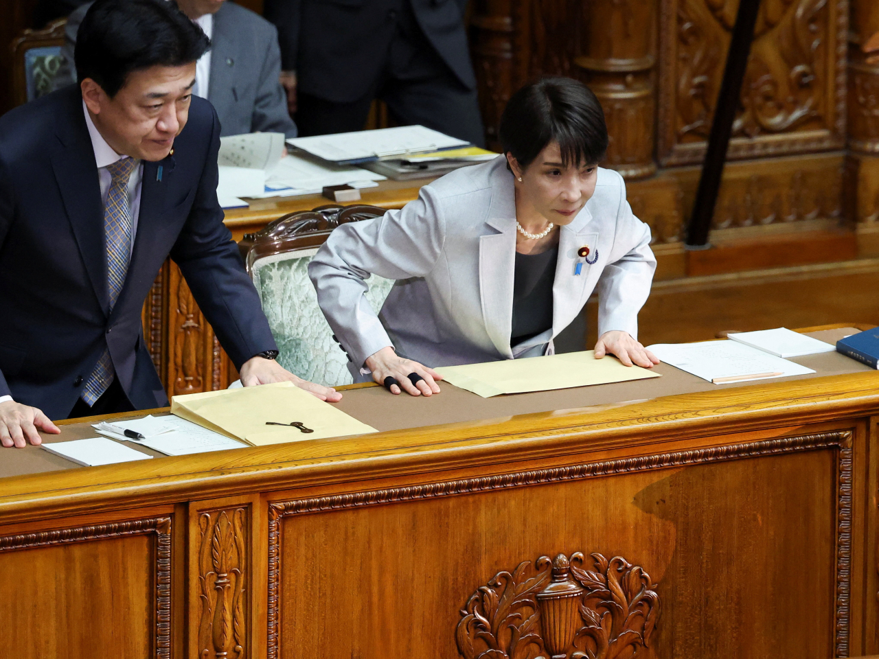Sanae Takaichi, in parliament with Minoru Kihara, says Japan must relax rules on weapons exports to bolster defence and economic growth. File photo: Reuters
