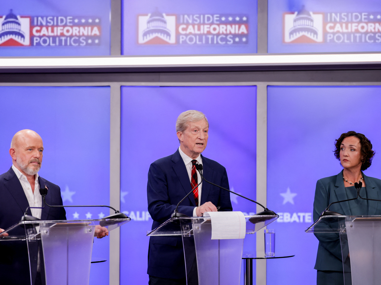 The voter ID measure, if it passes, will apply to gubernatorial elections but not the present one, being contested by, from left, Steve Hilton, Tom Steyer and Katie Porter. File photo: Reuters