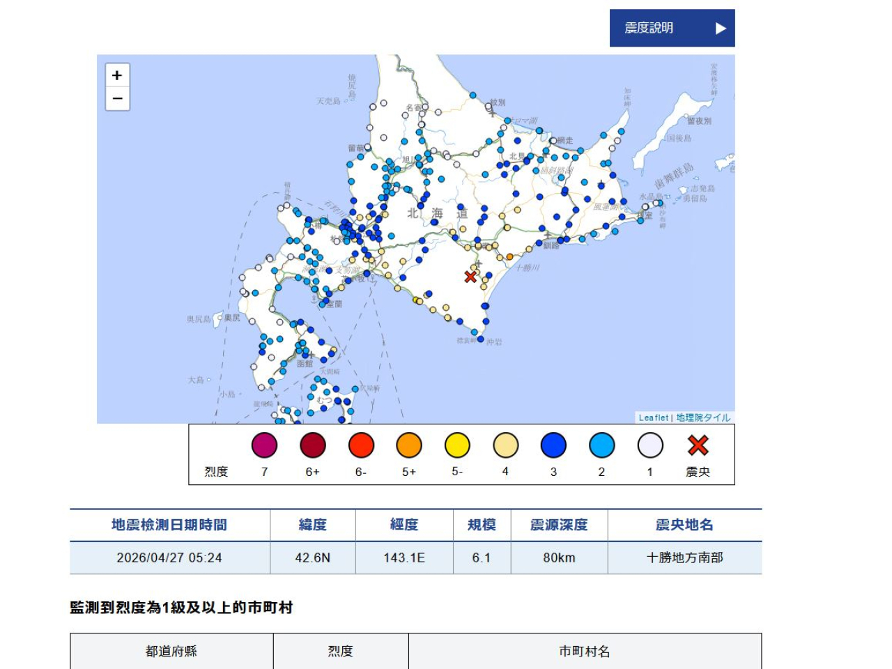 日本氣象廳表示，地震發生在當地時間清晨5時24分，震央位於十勝地區南部，震源深度80公里。（日本氣象廳網頁截圖）