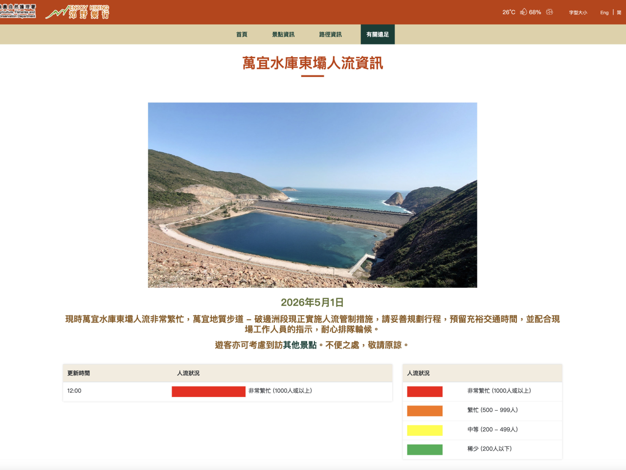漁護署公布，萬宜地質步道 - 破邊洲段現正實施人流管制措施。（漁護署網站截圖）
