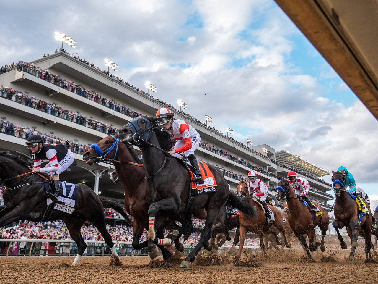 The field makes its way past the grandstand during the 152nd running of the Kentucky Derby at Churchill Downs. Photo: Reuters