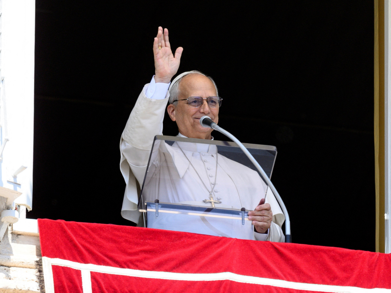Pope Leo leads the Angelus prayer at the Vatican on Sunday. Photo: Reuters