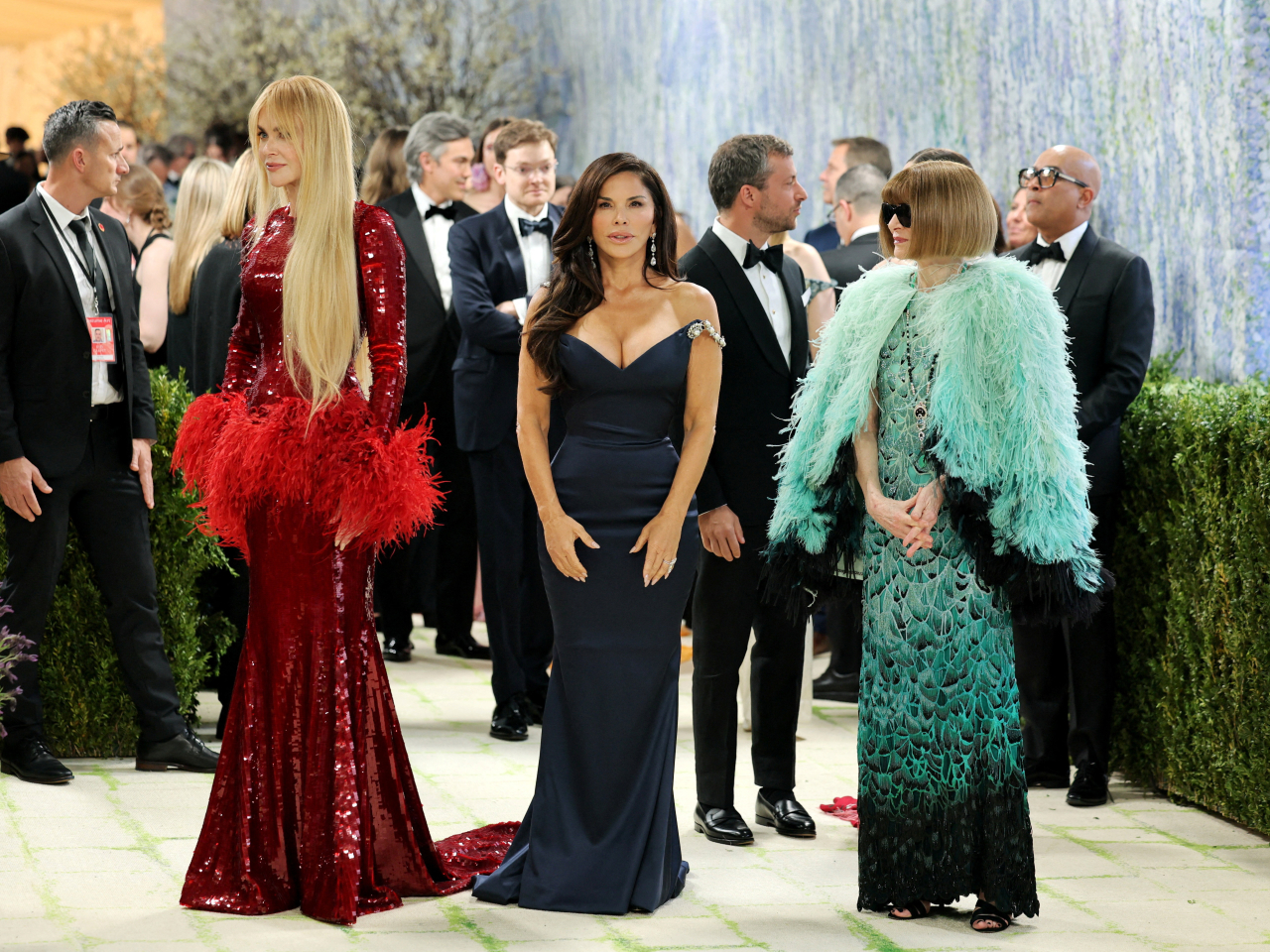 Arriving at the fundraising gala are, from left, Nicole Kidman, Met event sponsor Jeff Bezos' wife Lauren Sanchez and Anna Wintour. Photo: Reuters