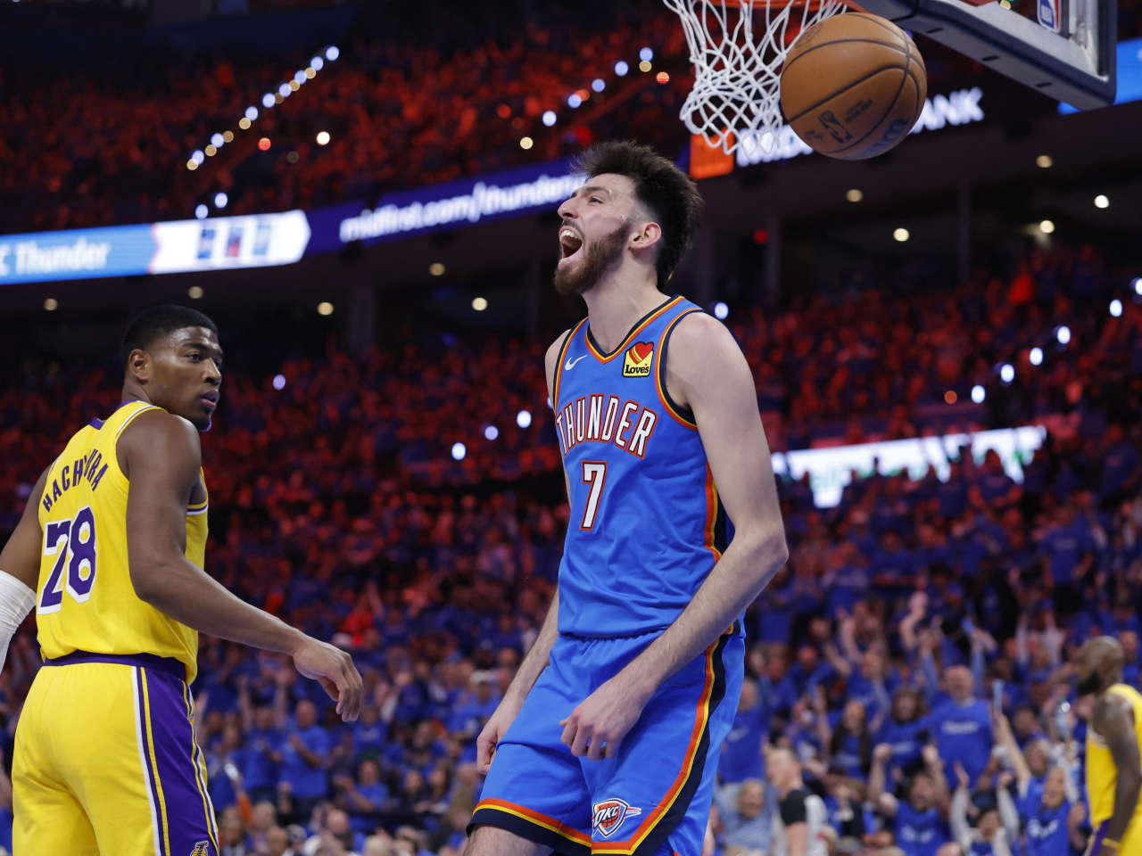 Chet Holmgren tallied 24 points and 12 boards in the Thunder's series-opening victory over the Lakers. Photo: Reuters