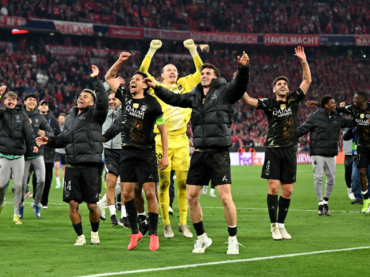 PSG players celebrate after advancing to the final of Europe's elite competition for a second straight year. Photo: Reuters