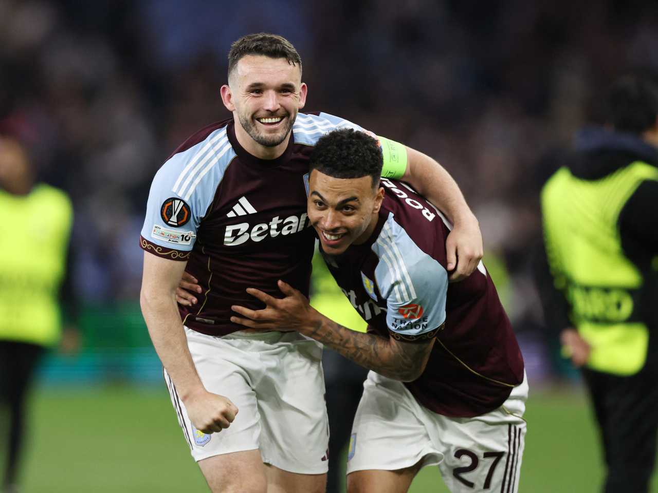 Villa's John McGinn and Morgan Rogers celebrate after ousting Nottingham Forest. Photo: Reuters