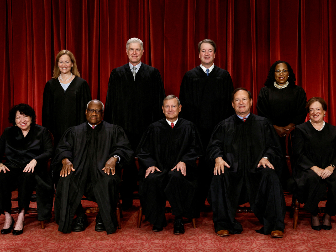 The top judges are, from left, Sonia Sotomayor, Amy Barrett, Clarence Thomas, Neil Gorsuch, John Roberts, Brett Kavanaugh, Samuel Alito, Ketanji Jackson and Elena Kagan. File photo: Reuters