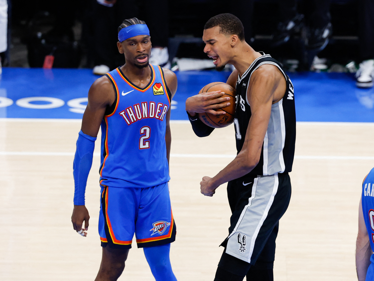 Victor Wembanyama, right, erupted for 41 points and 24 rebounds to guide San Antonio past the defending champions in game one. Photo: Reuters