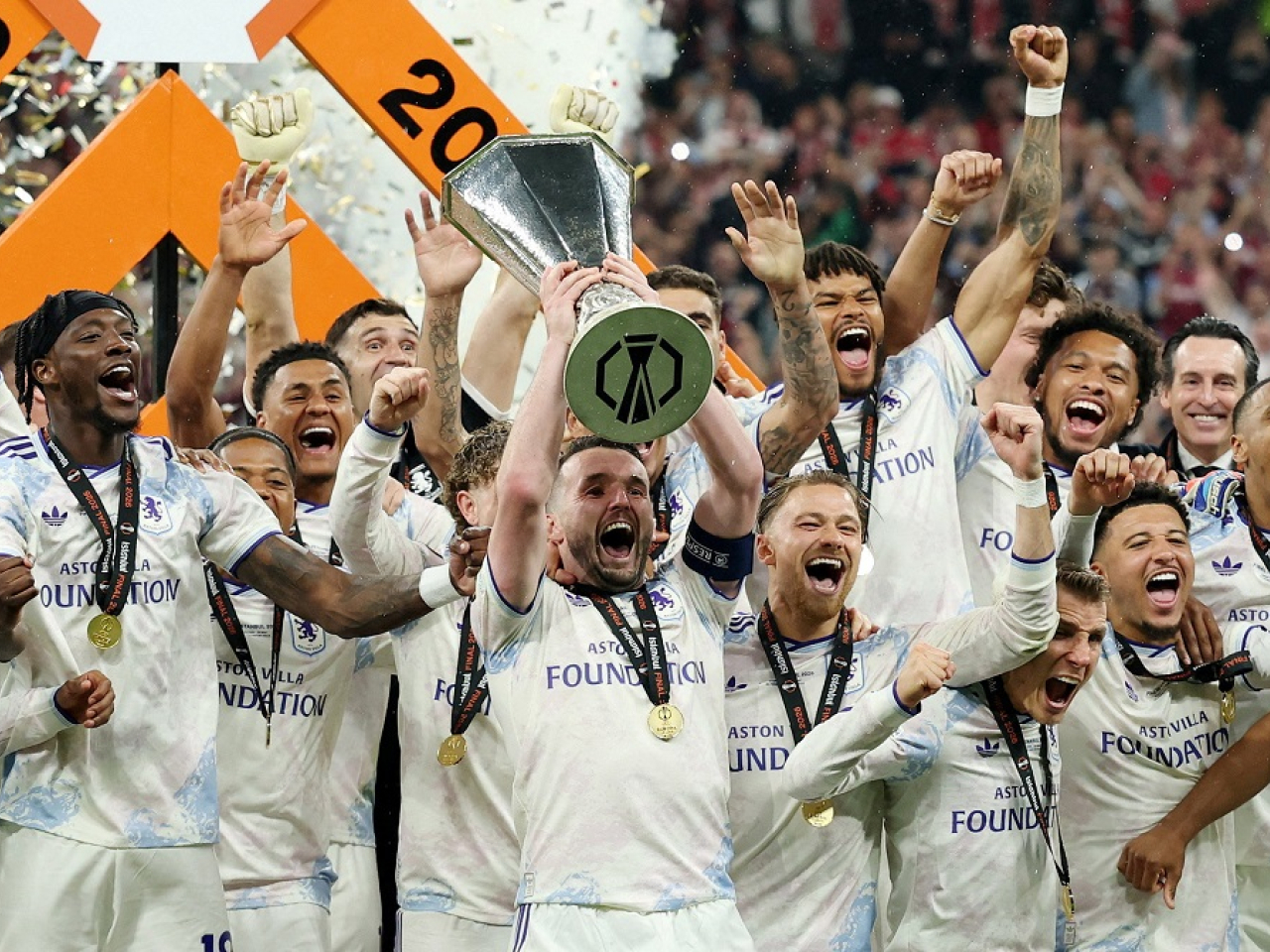 Unai Emery's Aston Villa celebrate their first major European trophy in 44 years. Photo: Reuters