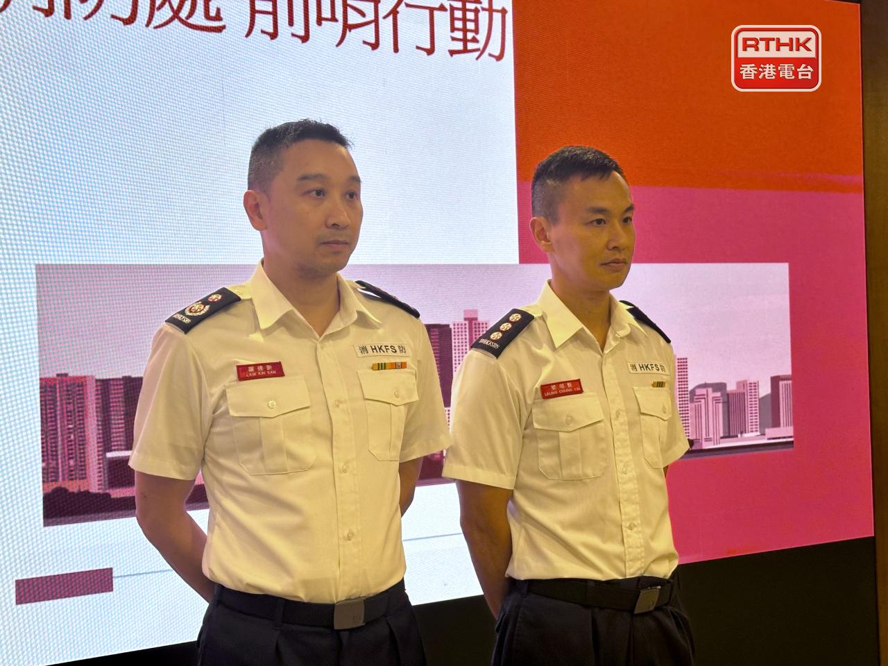 Law Kin-san, left, says over 2,500 fire hazard abatement notices were issued for malfunctioning fire alarm systems in 53 buildings. Photo: RTHK