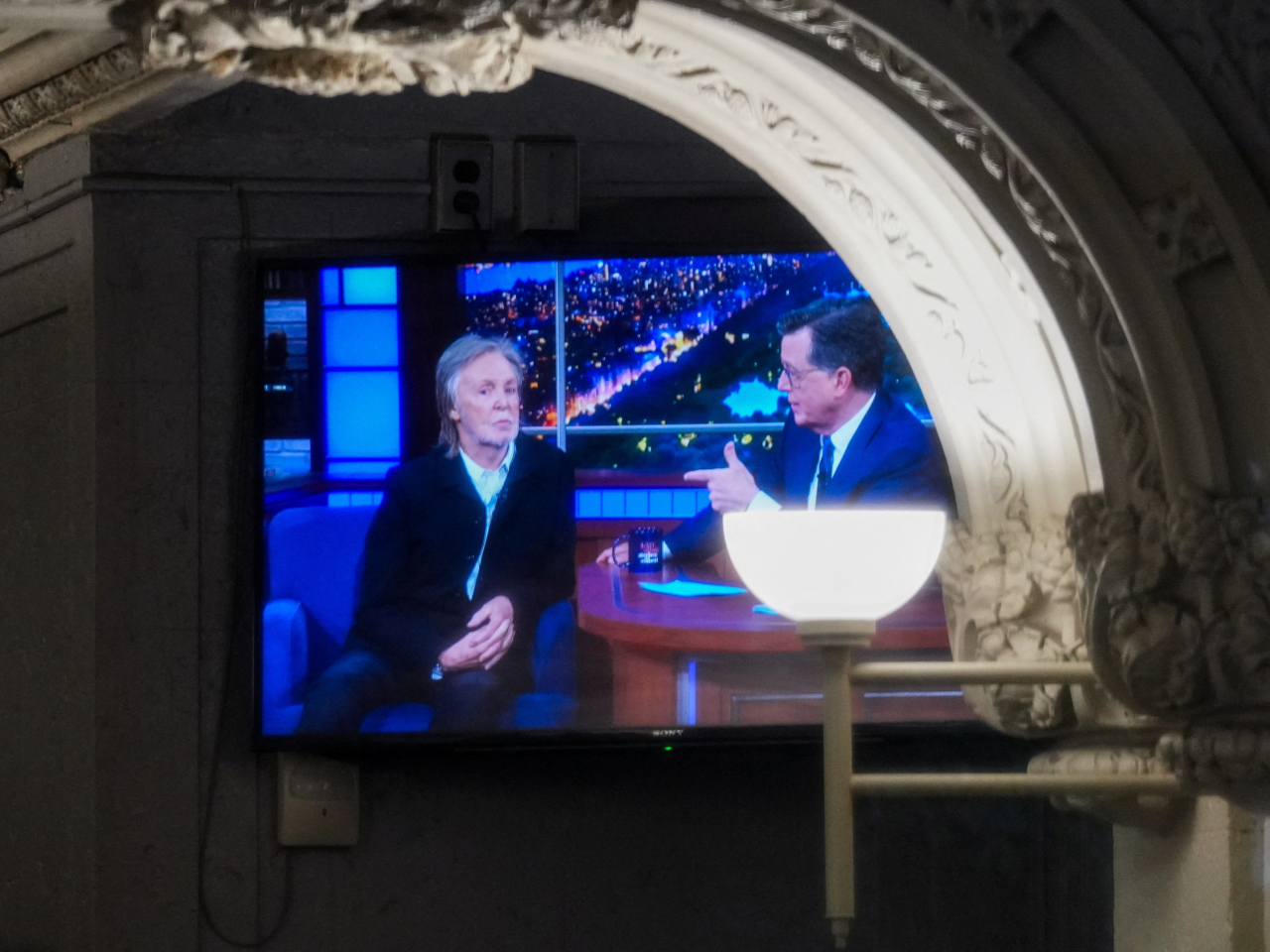 Paul McCartney appears with Stephen Colbert on the final Late Show in a show of solidarity. Photo: Reuters