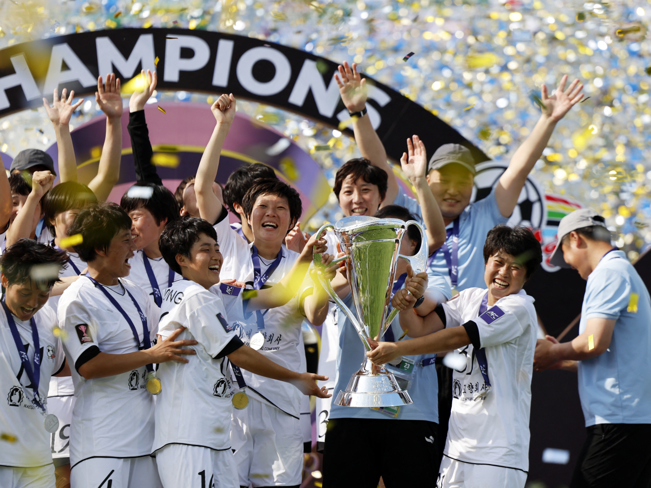 Naegohyang FC players celebrateafter winning the Asian Women's Champions League final. Photo: Reuters