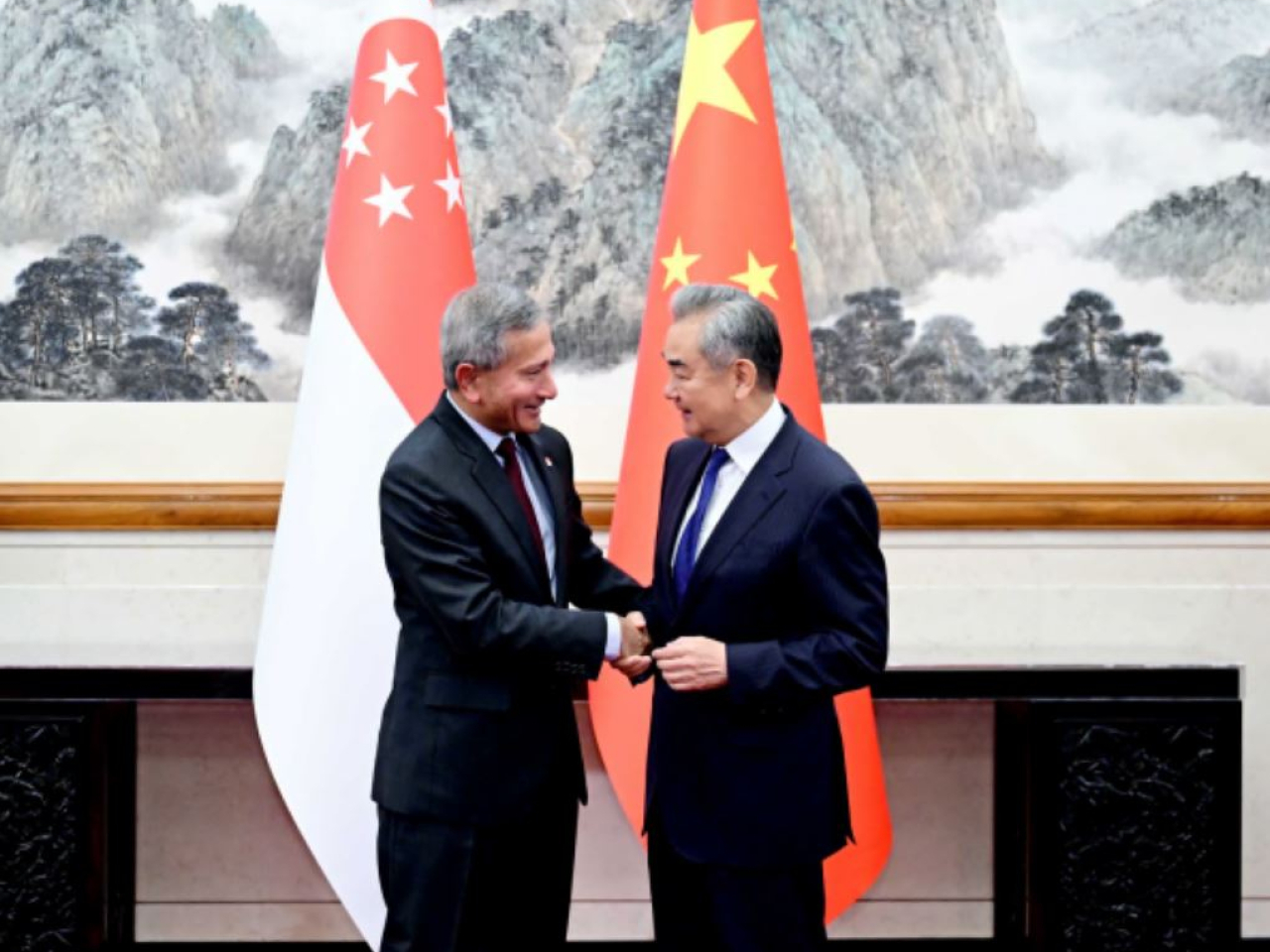 王毅與新加坡外長維文會談，王毅表示，中國和新加坡大小不同，但都是世界的穩定因素。（外交部網頁圖片）