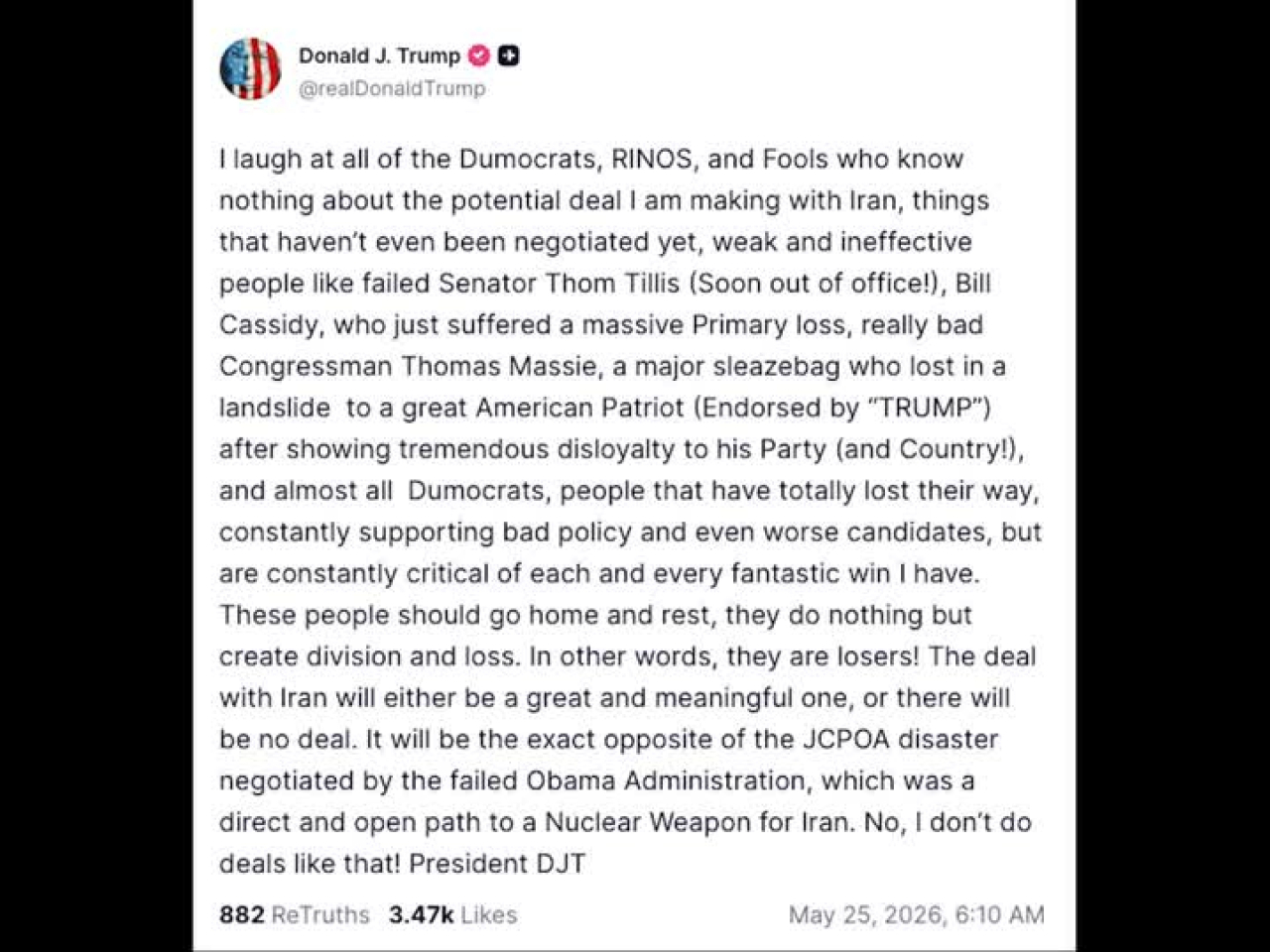 特朗普說，他不會簽署為伊朗獲得核武的協議。（路透社）