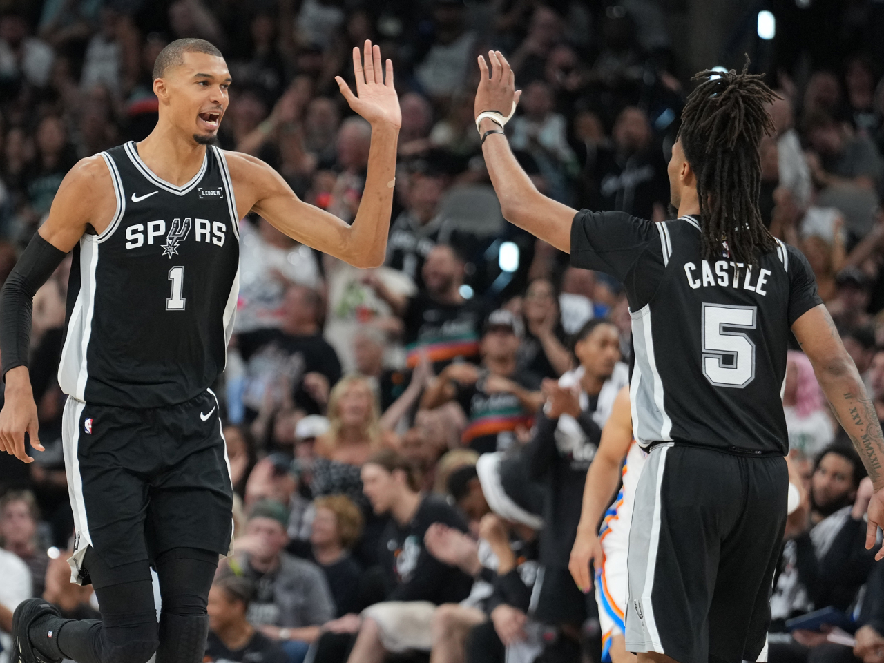 Victor Wembanyama, left, tallied 28 points to help San Antonio force a winner-take-all game seven against OKC. Photo: Reuters