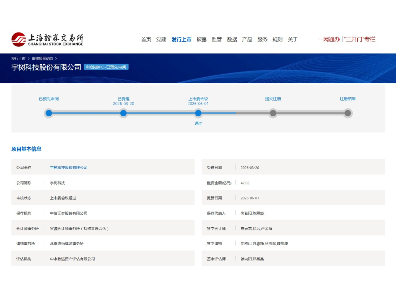 宇樹科技科創板上市自上市受理到通過上市委會議歷時73日。（上海交易所網頁截圖）
