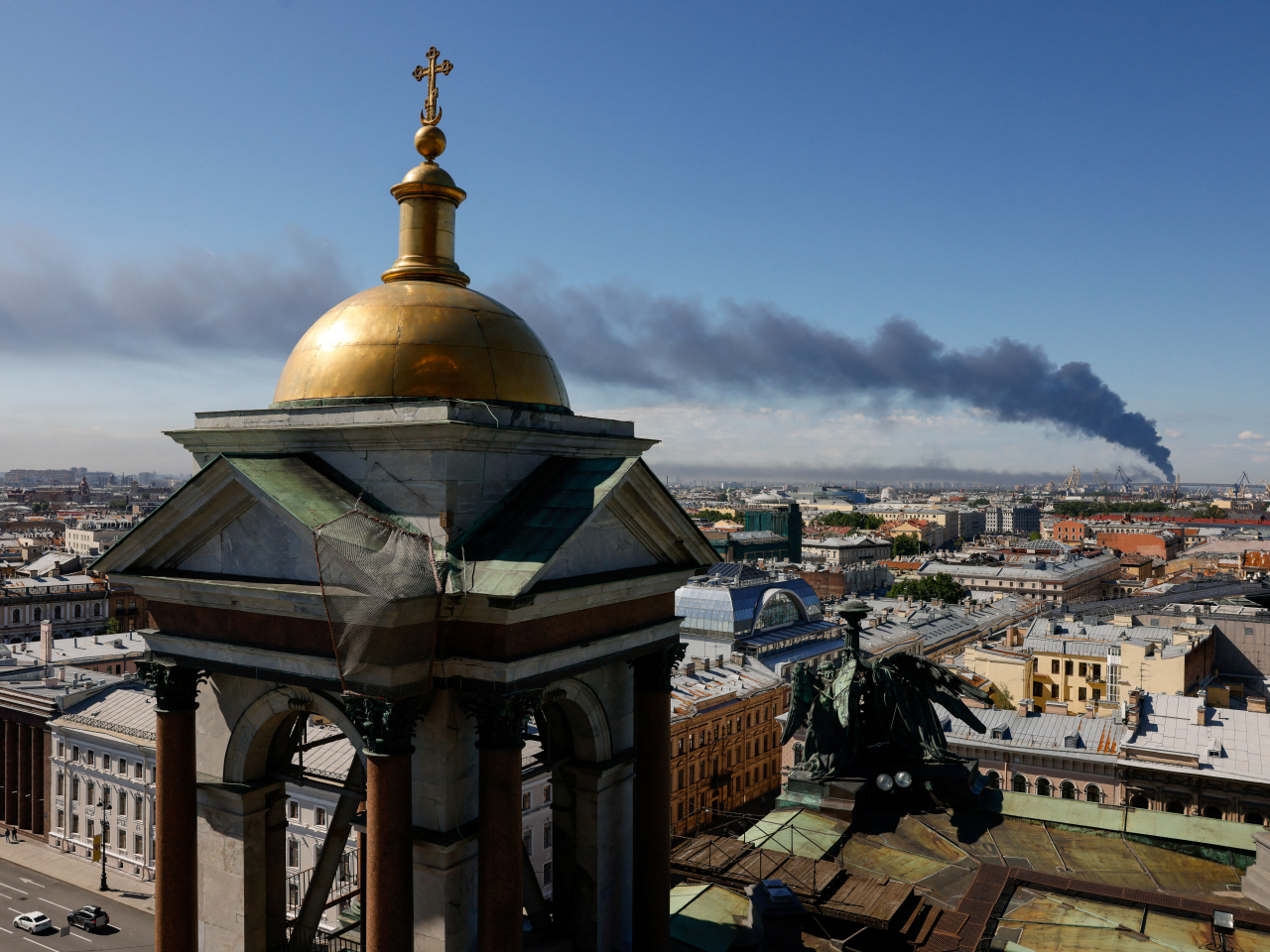 Heavy smoke billows after Ukrainian drones hit infrastructure in St Petersburg, Russia, according to local authorities. Photo: Reuters