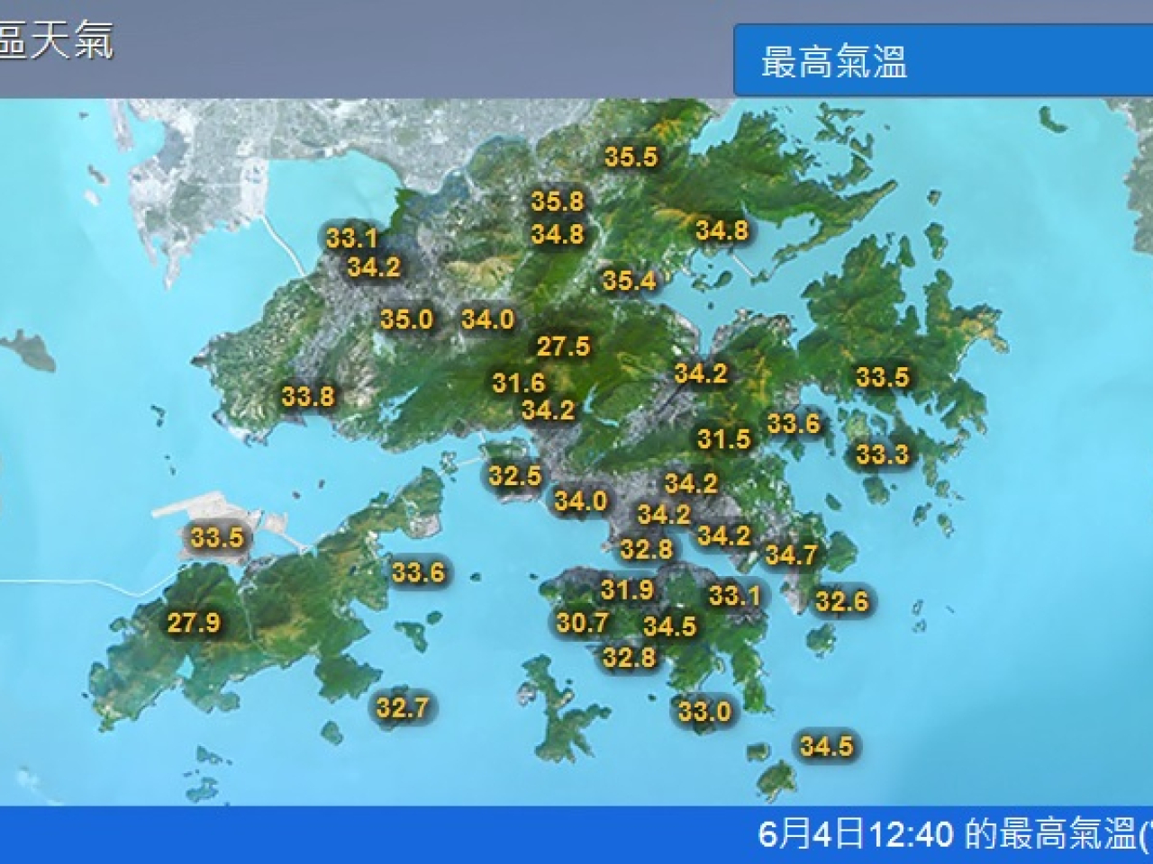 新界部分地區錄得最高氣溫超過35度。(天文台網站截圖)