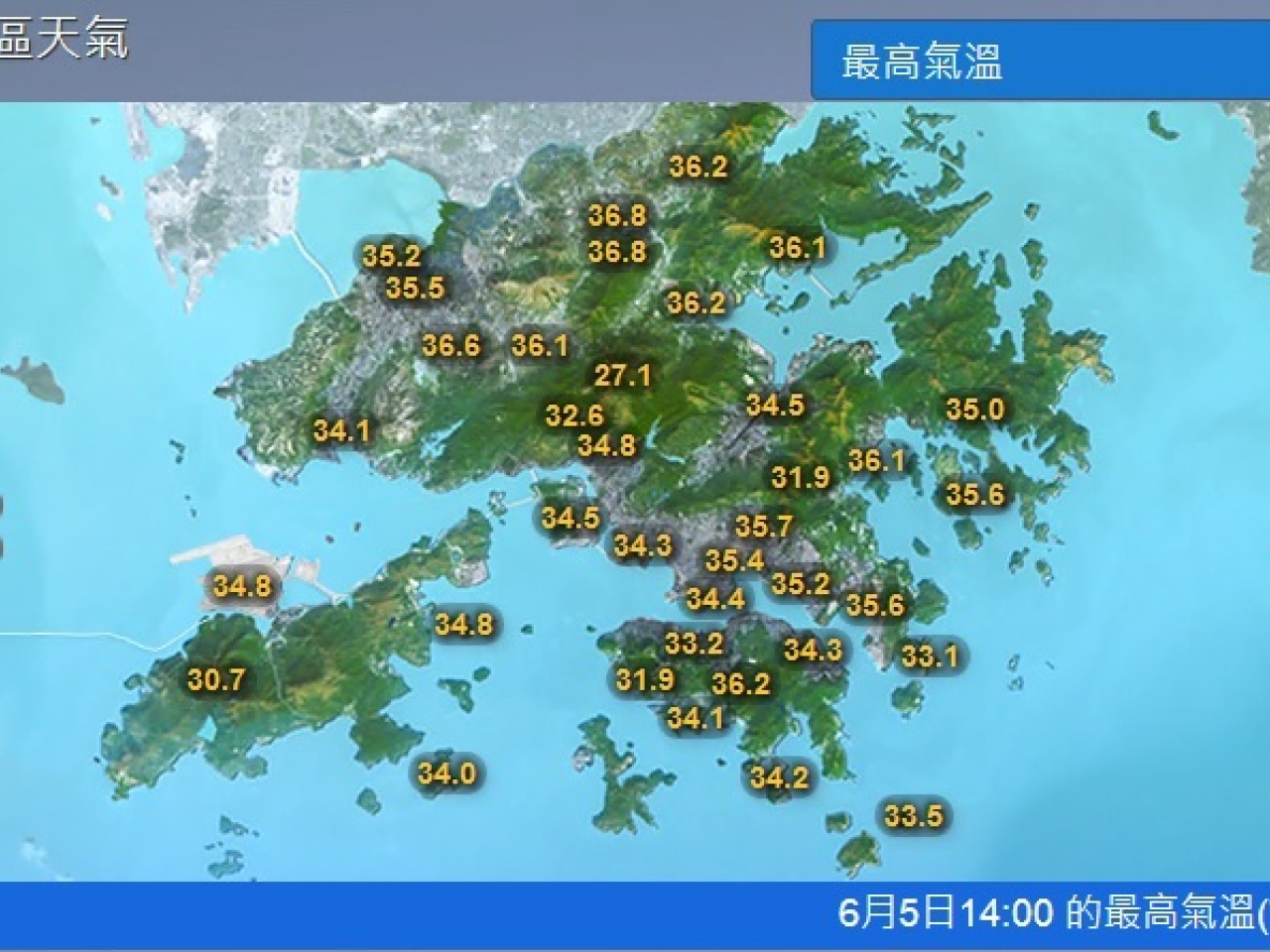 截至下午2時，天文台錄得最高氣溫34.4度。（天文台網站截圖）