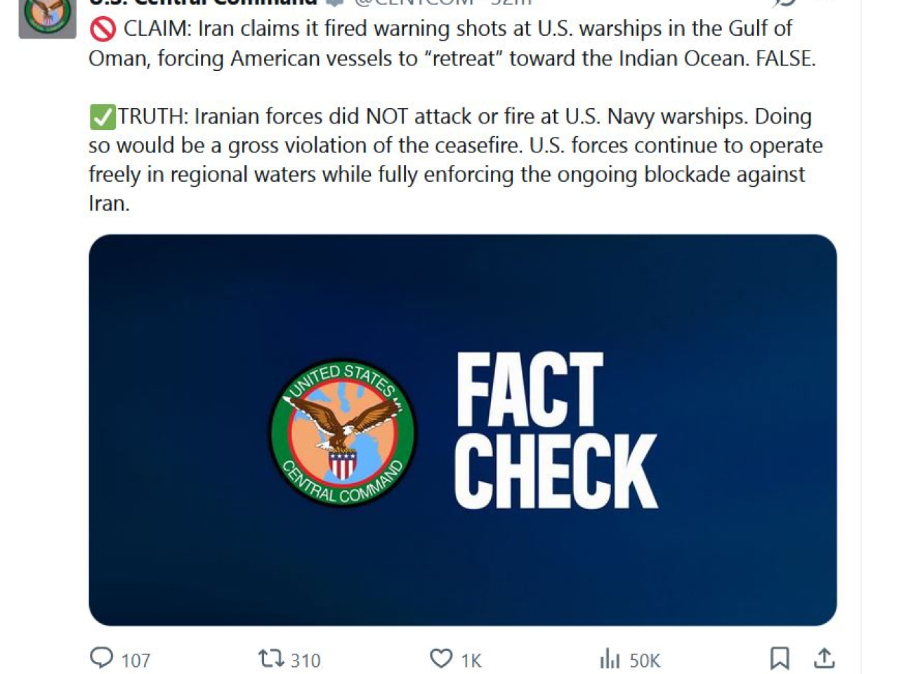 美軍中央司令部說，伊朗有關在阿曼灣向美國軍艦警告射擊並迫使其撤退至印度洋的說法不實。（美軍中央司令部社交平台截圖）