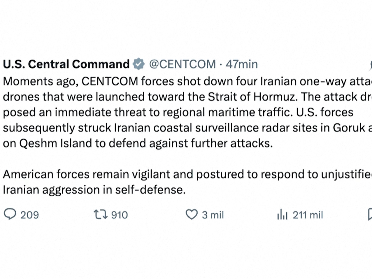 US Central Command said in a statement that its forces shot down four one-way attack drones. Photo: Reuters