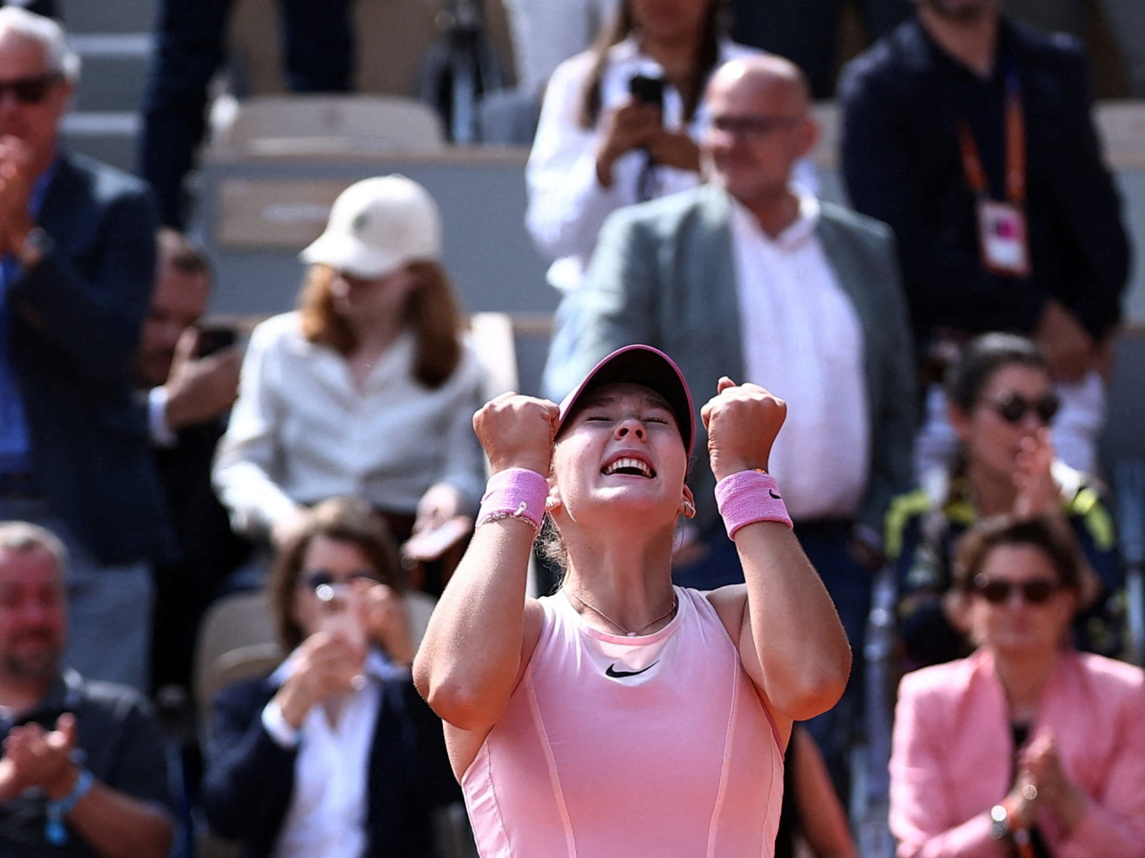 Russia's Mirra Andreeva celebrates after winning her first Grand Slam title at the French Open. Photo: Reuters