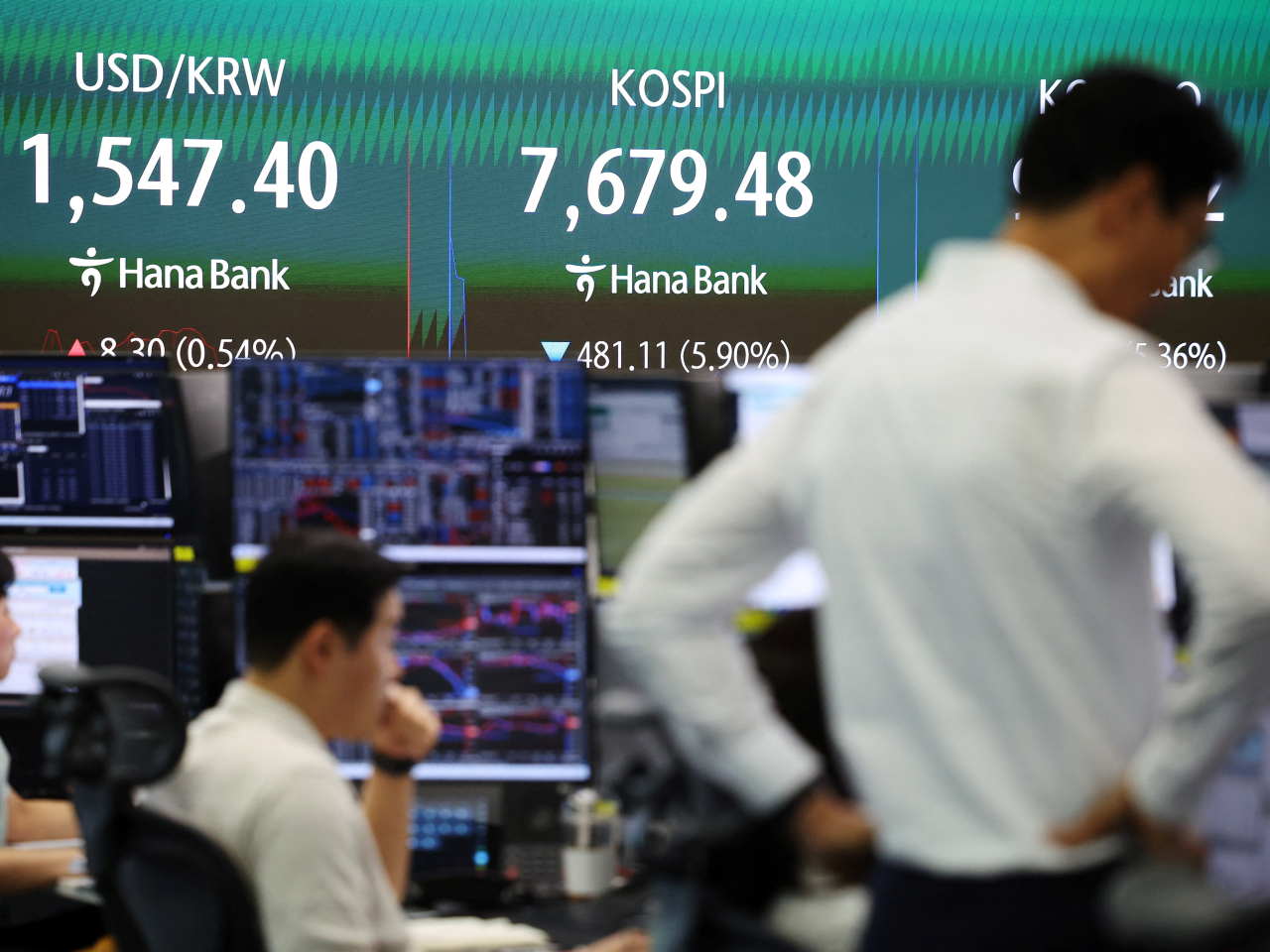 The Kospi nosedived to end 676 points, or 8.3 percent, at 7,484 in Seoul on Monday. Photo: Reuters