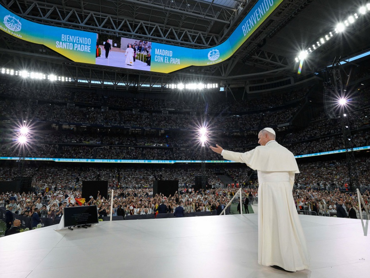 Pope Leo attends a meeting with the diocesan community at Real Madrid's Santiago Bernabeu Stadium. Photo: Reuters