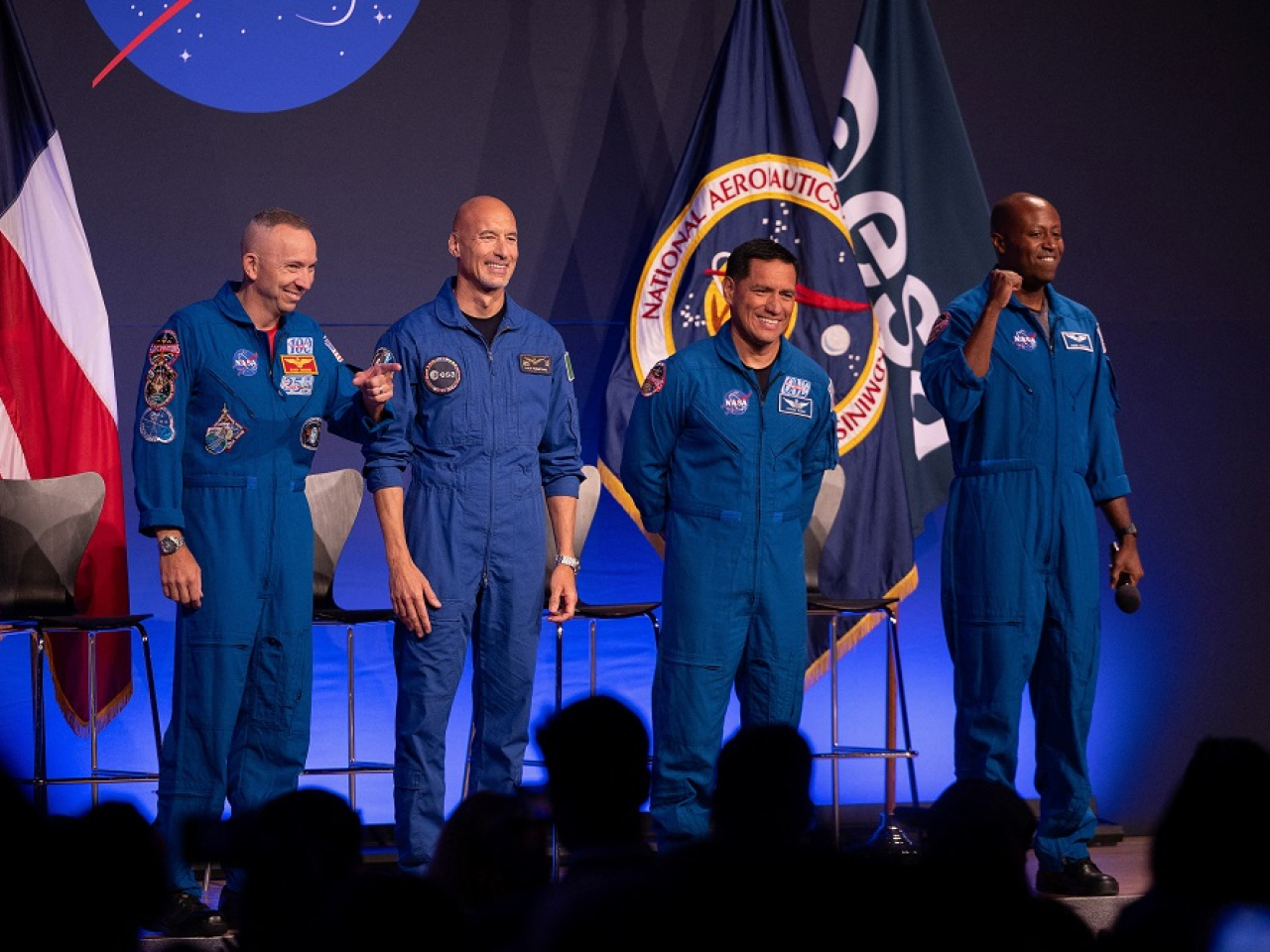 Italian Luca Parmitano, second left, will pilot the Artemis 3 mission, with US astronauts Randy Bresnik, Frank Rubio and Andre Douglas rounding out the crew. Photo: Reuters