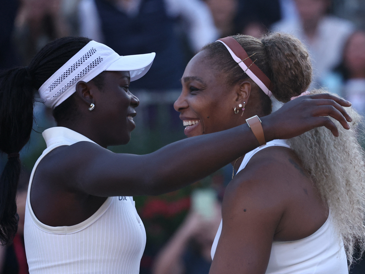 Williams, right, competed alongside Canada's Victoria Mboko for her first match after 1,376 days away from the sport. Photo: Reuters