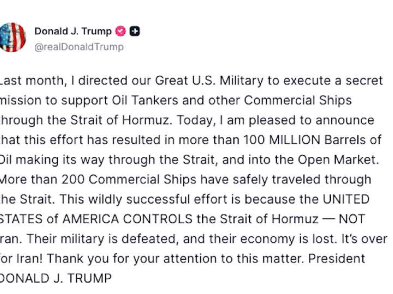 特朗普說，他上月下令美軍執行一項秘密任務，為途經霍爾木茲海峽的運油輪及其他商船提供支援。（路透社）