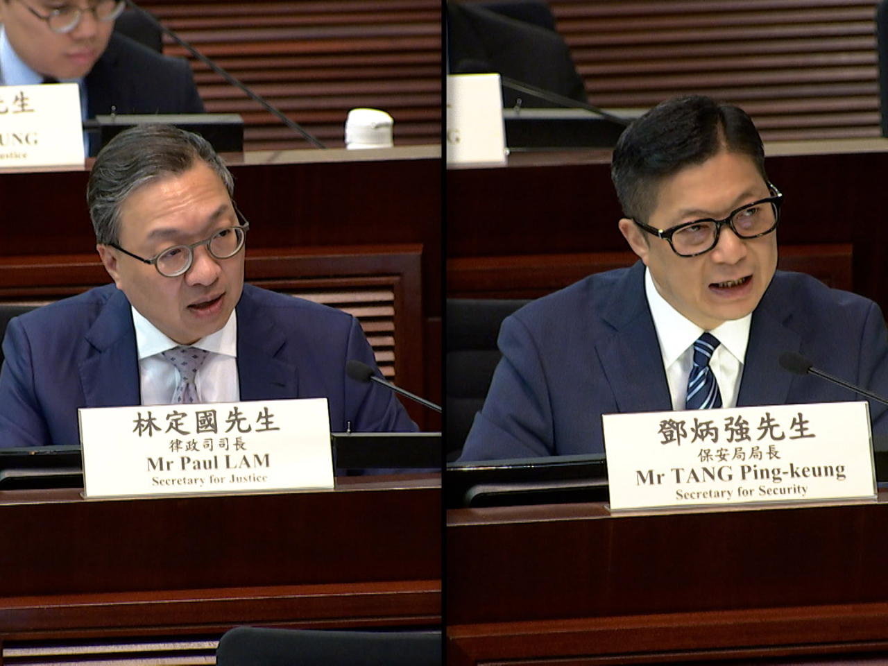 林定國（左）指條例並沒有改變《香港國安法》和國安條例的現行規定和適用範圍。鄧炳強（右）表示，留意到部分人士對相關附屬法例出現誤解、甚至刻意曲解。