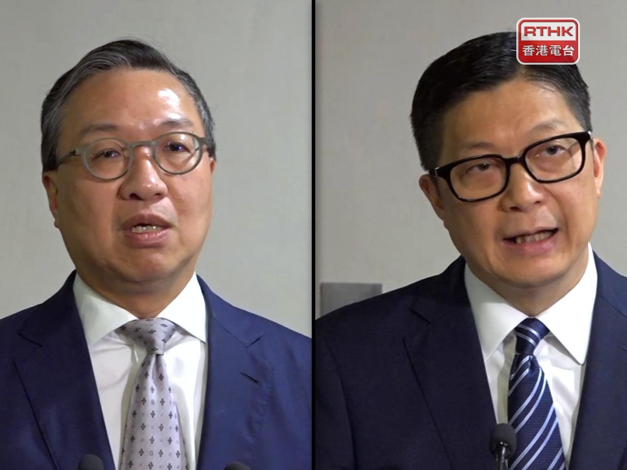 林定國（左）形害今次訂立附屬法例是「畫公仔出腸」。鄧炳強（右）重申，一些別有用心的人聲稱附屬法例會令一些原本性質輕微的罪行變成危害國家安全罪行。（郭志強攝）