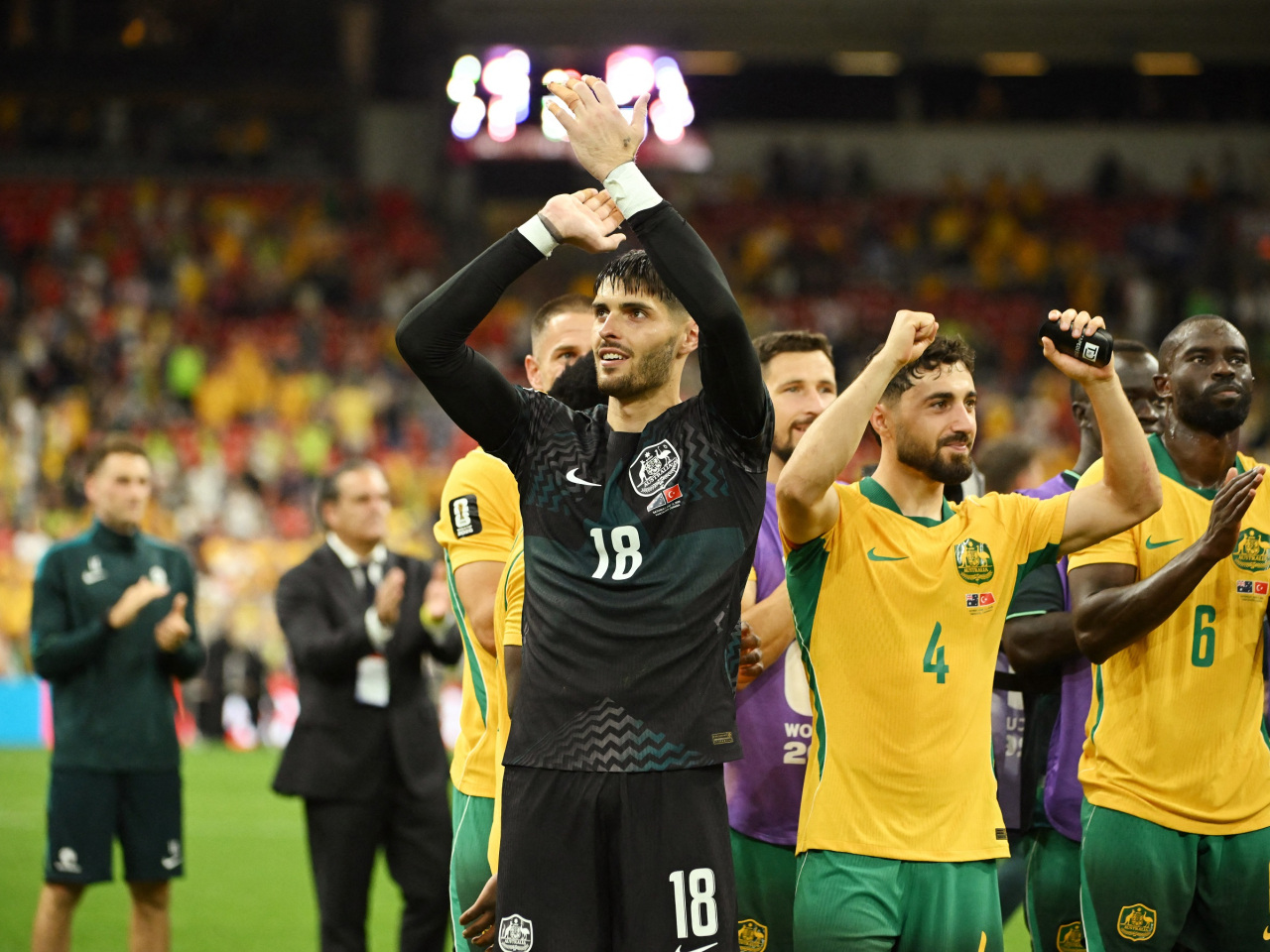 Australia celebrate their 2-0 win over T&uuml;rkiye in Vancouver. Photo: Reuters