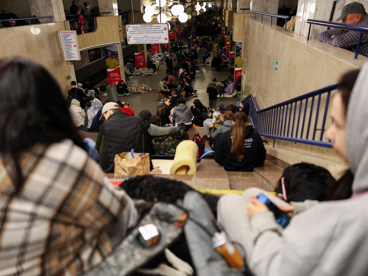 People take shelter inside a metro station during a Russian missile and drone attack in Kyiv. Photo: Reuters