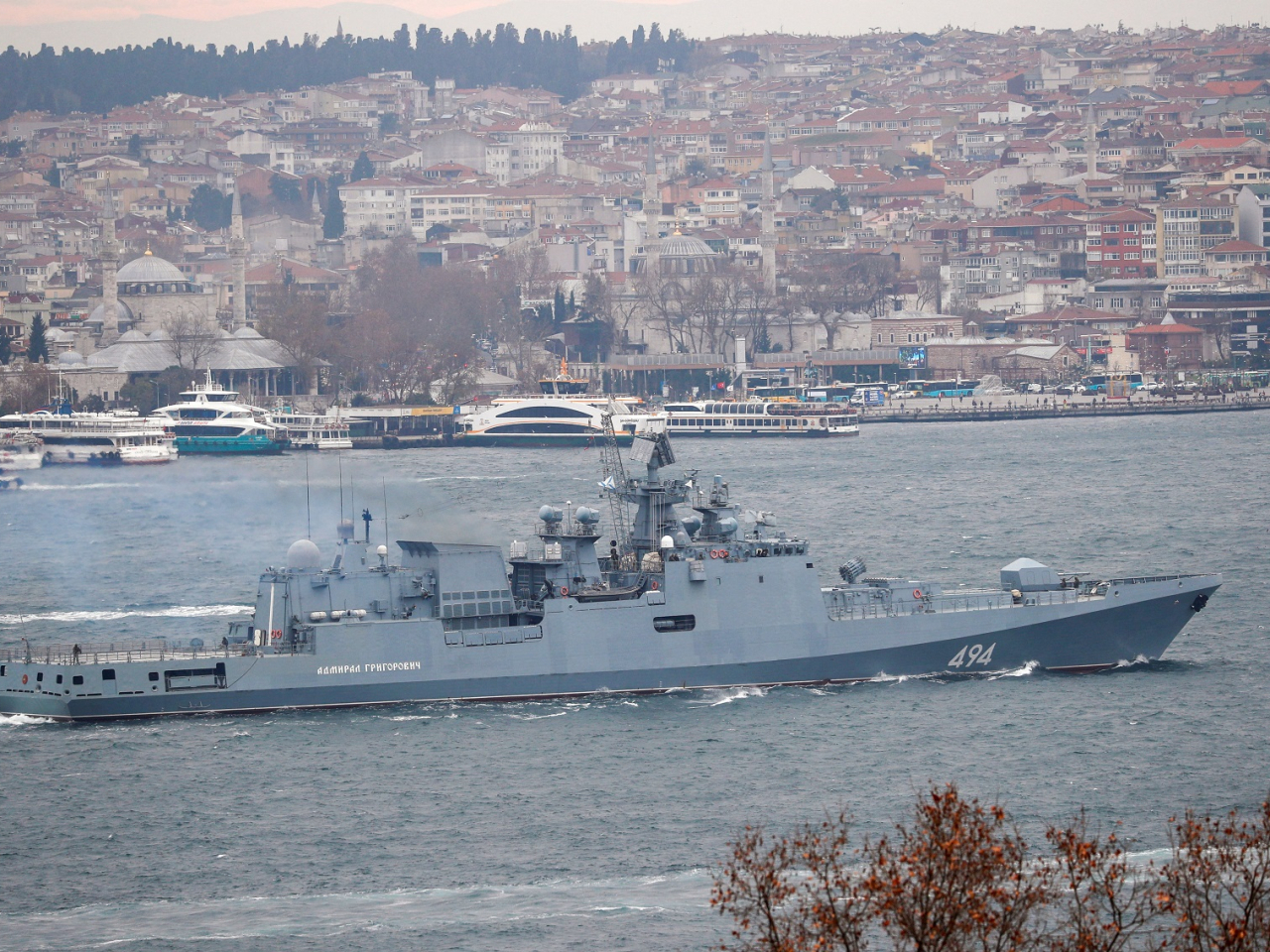 The frigate Admiral Grigorovich (pictured) fired warning shots after a UK-registered yacht to divert it from a collision course. File photo: Reuters
