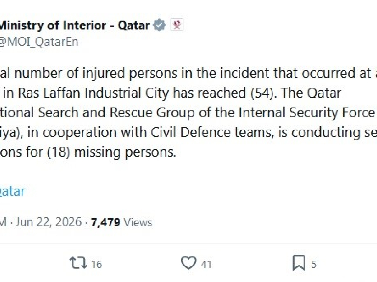 Qatar's interior ministry has described the incident as an "internal explosion", adding in a later statement that a "technical malfunction" was to blame. Image: X