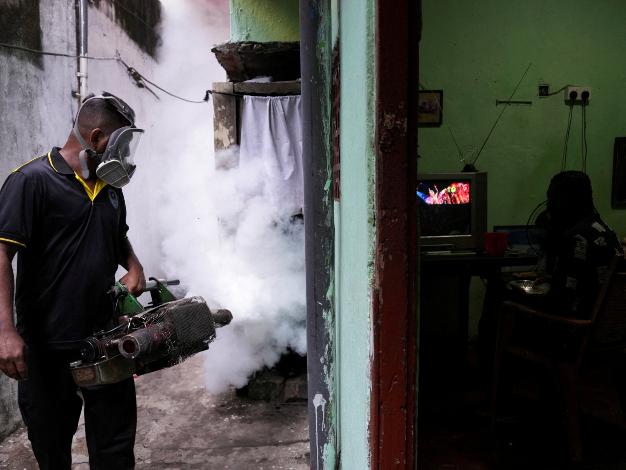 A health worker carries out fumigation in a residential district in Colombo. Photo: Reuters