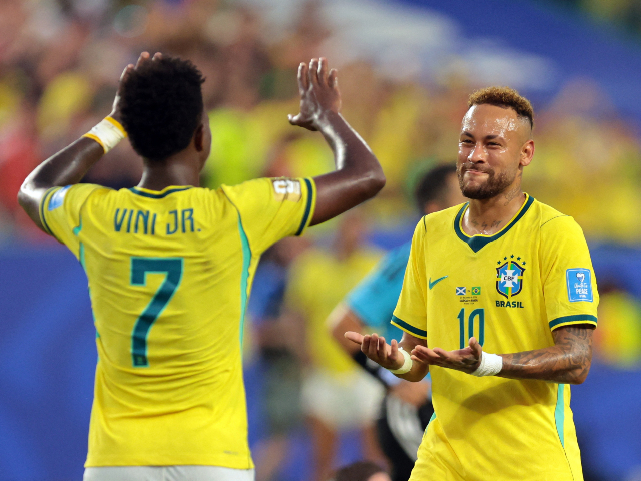 Vinicius Junior (7) scored twice in the first half to power Brazil into the last 32. Photo: Reuters