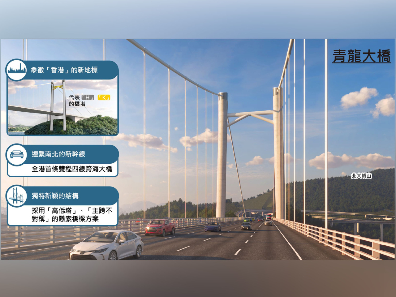 青龍大橋「H」字型塔身和橋塔的「K」字型橫架，兩者形成象徵「HK - Hong Kong」香港的標誌性設計。（政府新聞處）