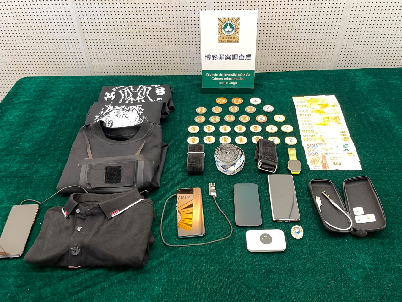 司警展示疑犯用來直播賭枱情況的改裝工具和搜獲的籌碼和現金。（鄭月明攝）